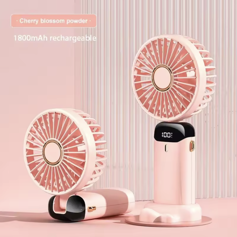 Mini ventilateur de poche pliable, support téléphone, 5 vitesses, rechargeable par USB, Rose