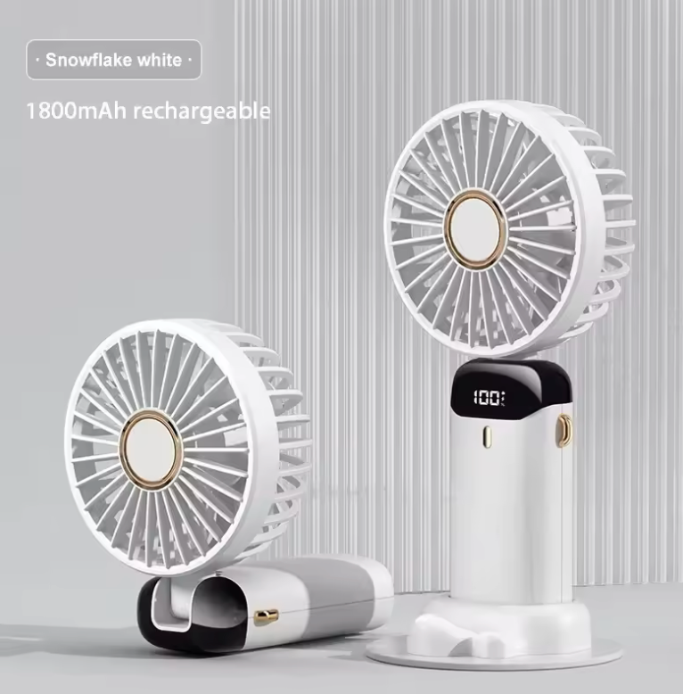 Mini ventilateur de poche pliable, support téléphone, 5 vitesses, rechargeable par USB, blanc